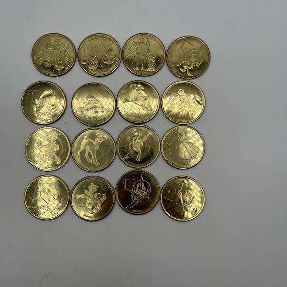 Set of 16 Walt Disney World 50th Anniversary Gold Medallion Coins USED AS IS - Picture 2 of 16